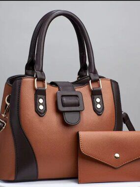 Two-Tone Brown Handbag Set w/ Matching Wallet | Chic Structured Tote Crossbody